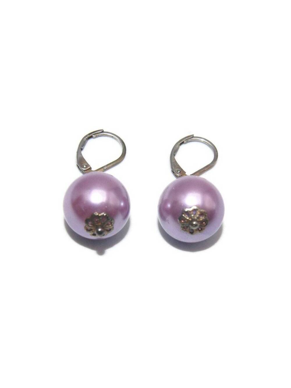 Vintage Silver Tone Dangle Purple Faux Pearl Earrings with Latch Backs.